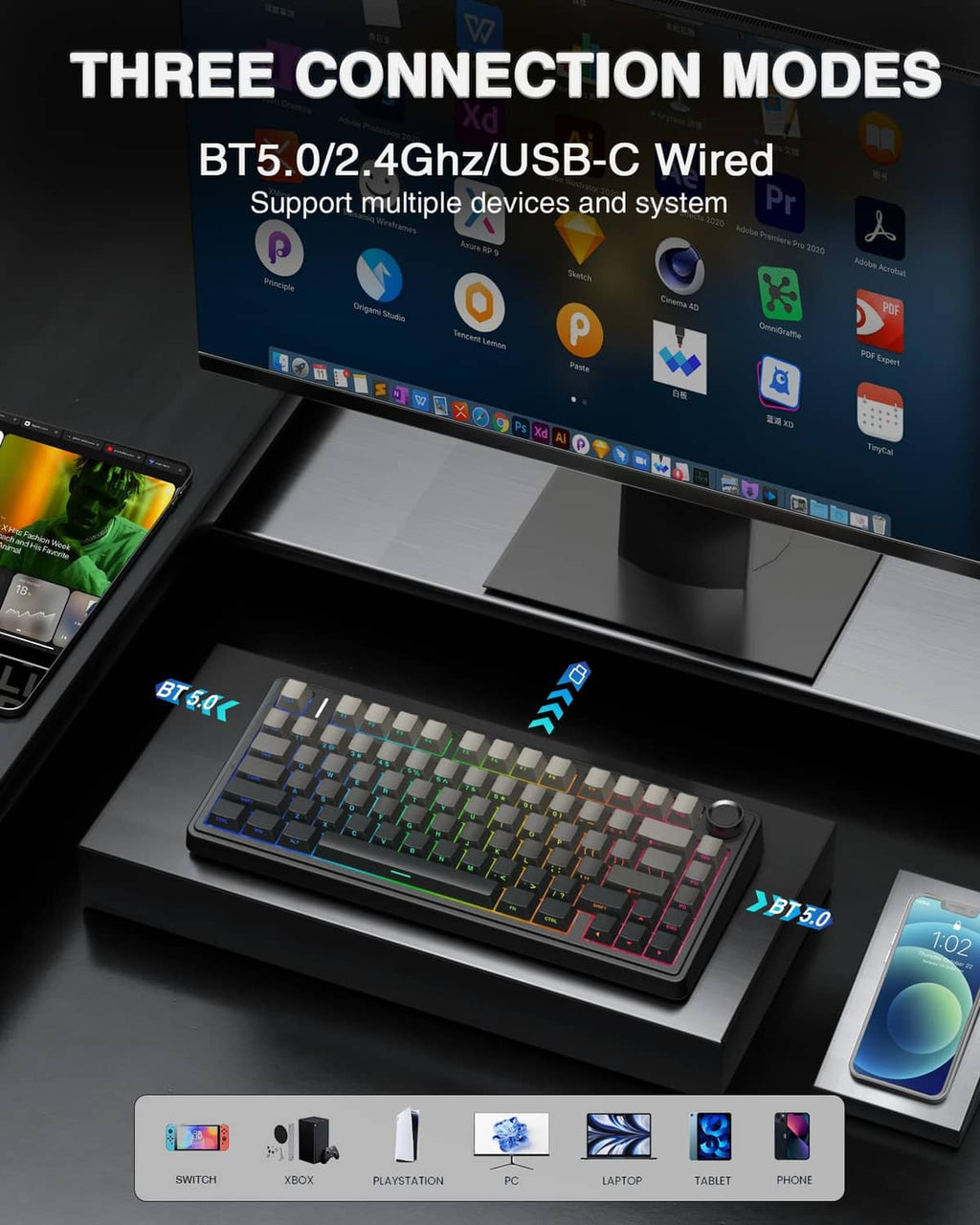 Compact 75% mechanical keyboard with RGB backlit keys and rotary knob