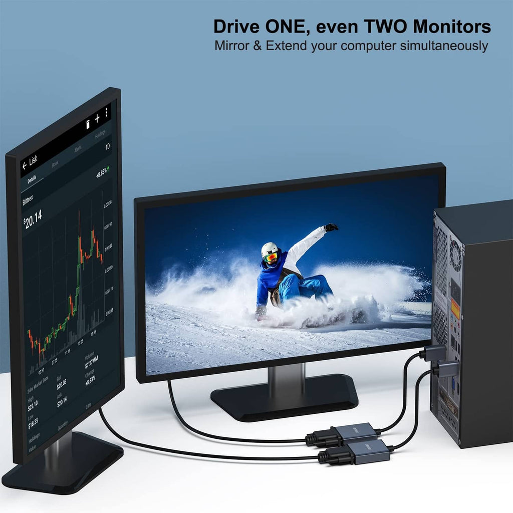 DisplayPort to VGA adapter connecting dual monitors; grey converter box with blue VGA port