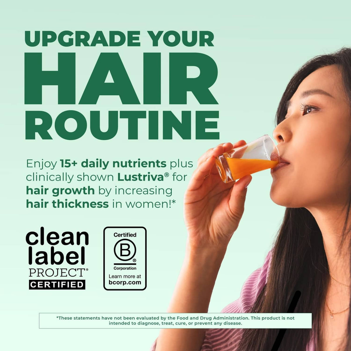 Liquid multivitamin for hair routine, featuring a woman drinking from a bottle