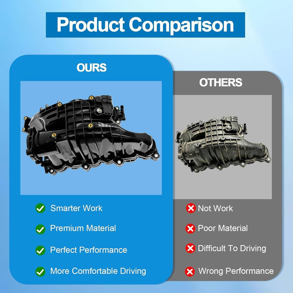 Intake manifold comparison graphic with engine intake manifold and actuator parts