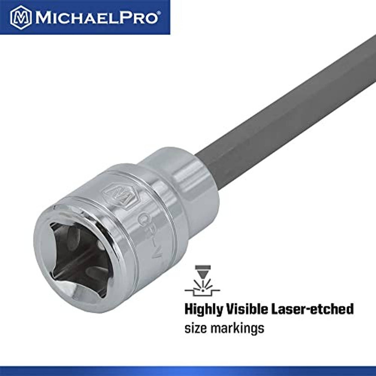 MichaelPro Torx bit socket with chrome drive head and laser-etched size markings