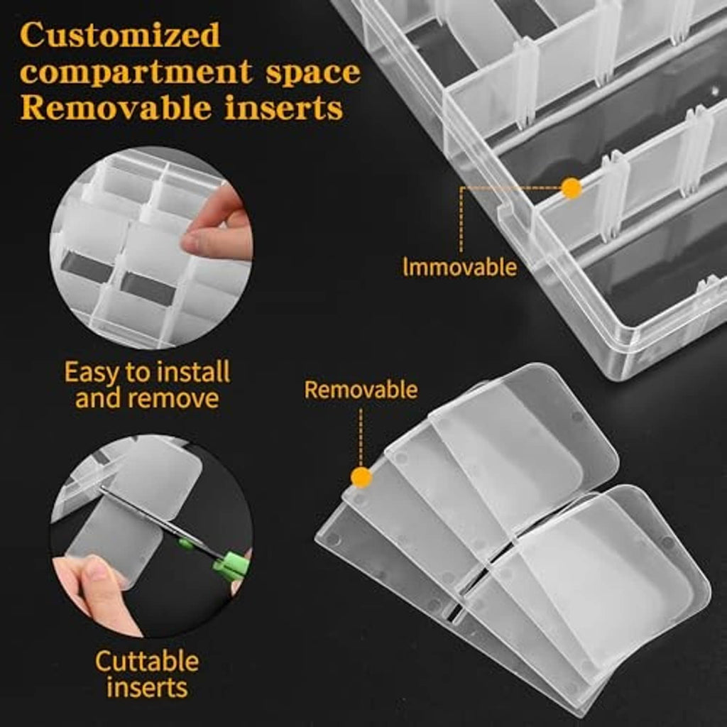 Clear plastic organizer box with removable divider inserts and fixed compartment base