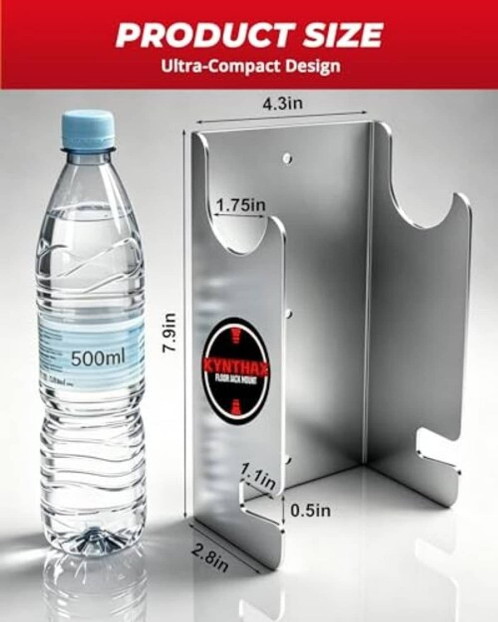 Compact wall-mount jack stand holder dimensions shown on light gray steel rack