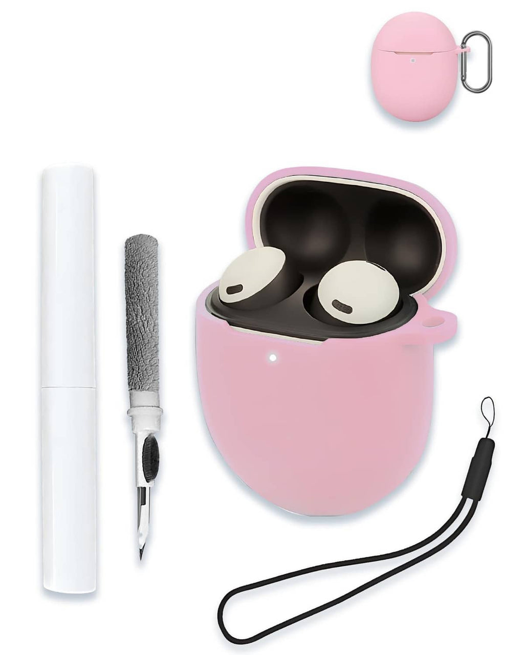 Pink silicone wireless earbuds case with open lid, earbud cutouts, and carabiner loop