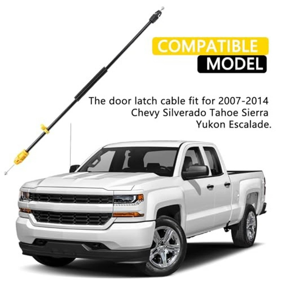 Door latch cable with yellow terminals and black housing, angled cable assembly