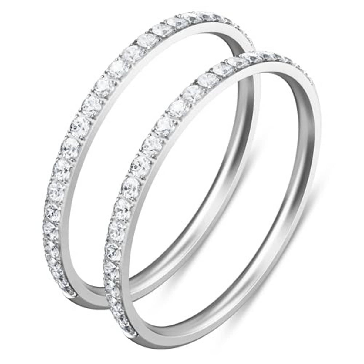 Pair of slim silver-tone stacking rings with pavé stones