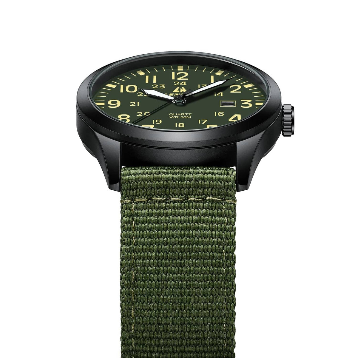 LN LENQIN men's analog watch top view with green textured strap and black case