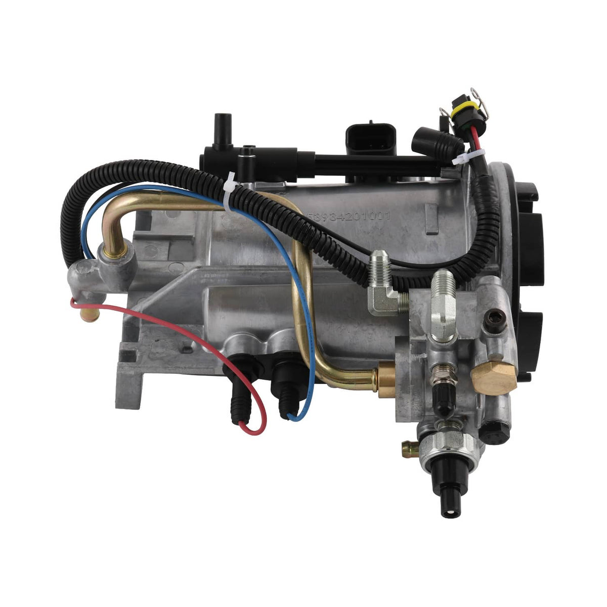 Fuel filter housing assembly with silver body, black hoses, and mounted sensor connector