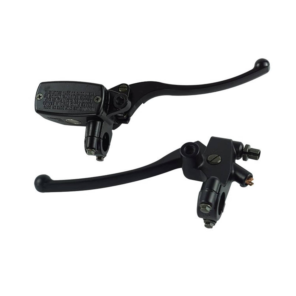 Black motorcycle hydraulic brake and clutch master cylinder with pair of levers
