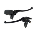 Black motorcycle hydraulic brake and clutch master cylinder with pair of levers