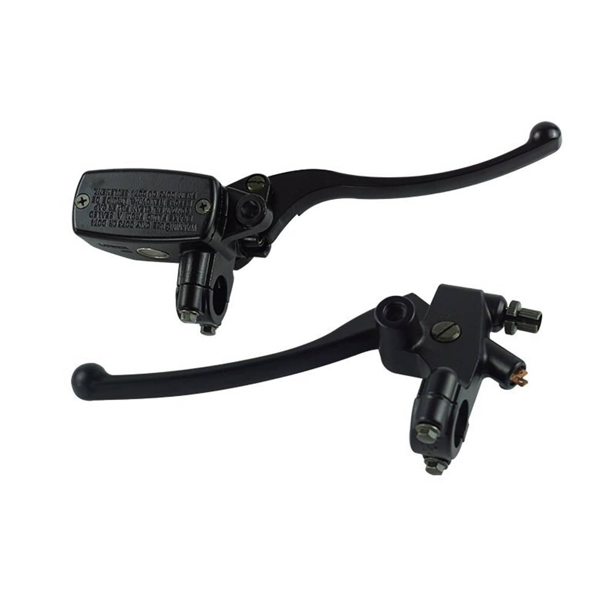Black motorcycle hydraulic brake and clutch master cylinder with pair of levers