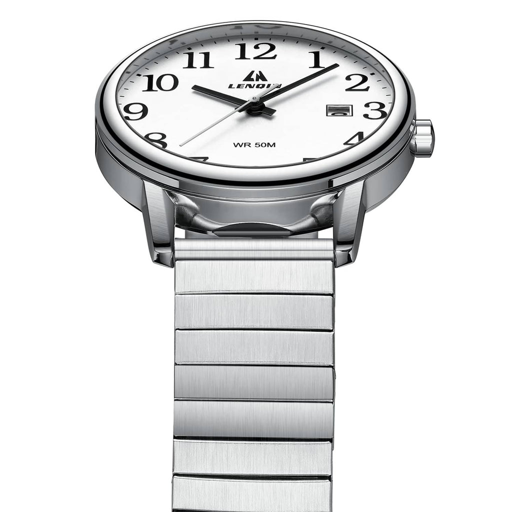 Mens analog quartz sport watch front view with silver metal bracelet and white dial