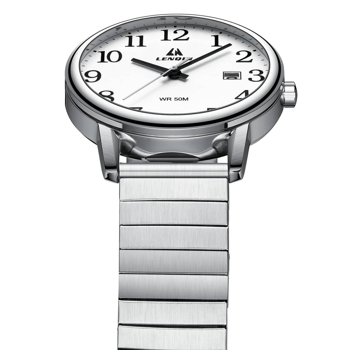 Mens analog quartz sport watch front view with silver metal bracelet and white dial
