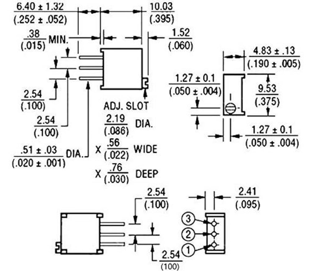 Multiturn trimmer potentiometer technical drawing with 3-pin package dimensions