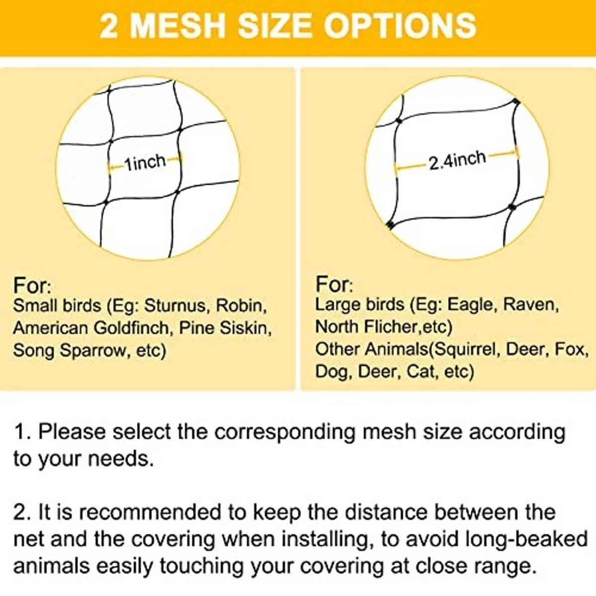 Bird net mesh size chart showing 1-inch and 2.4-inch square openings