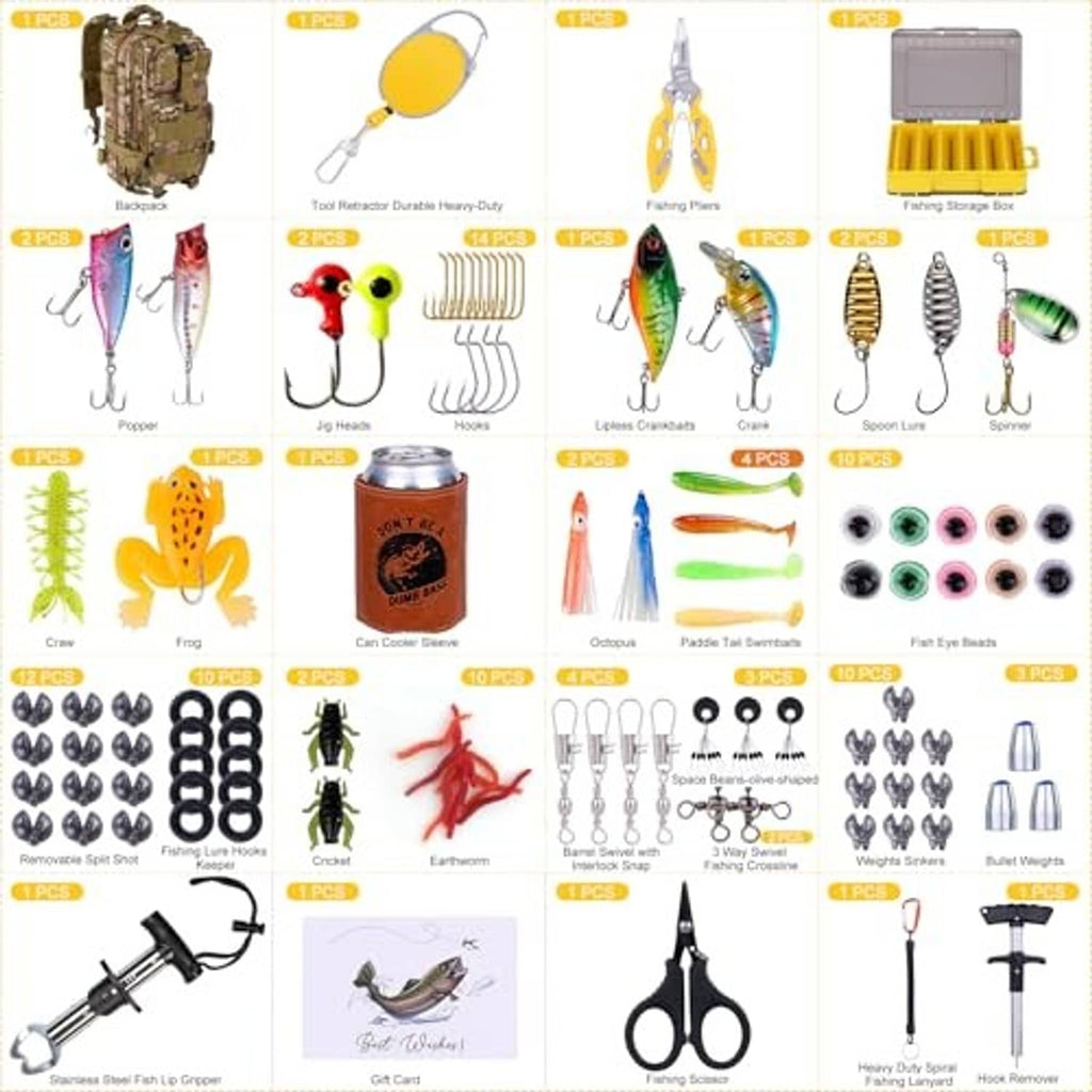 Fishing backpack tool set with multicolor lures, treble hooks, pliers, and retractors