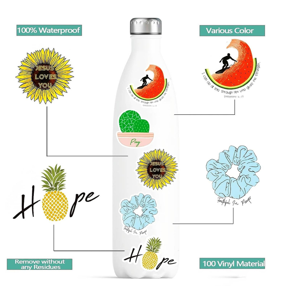 Set of Christian quote stickers shown on a white water bottle