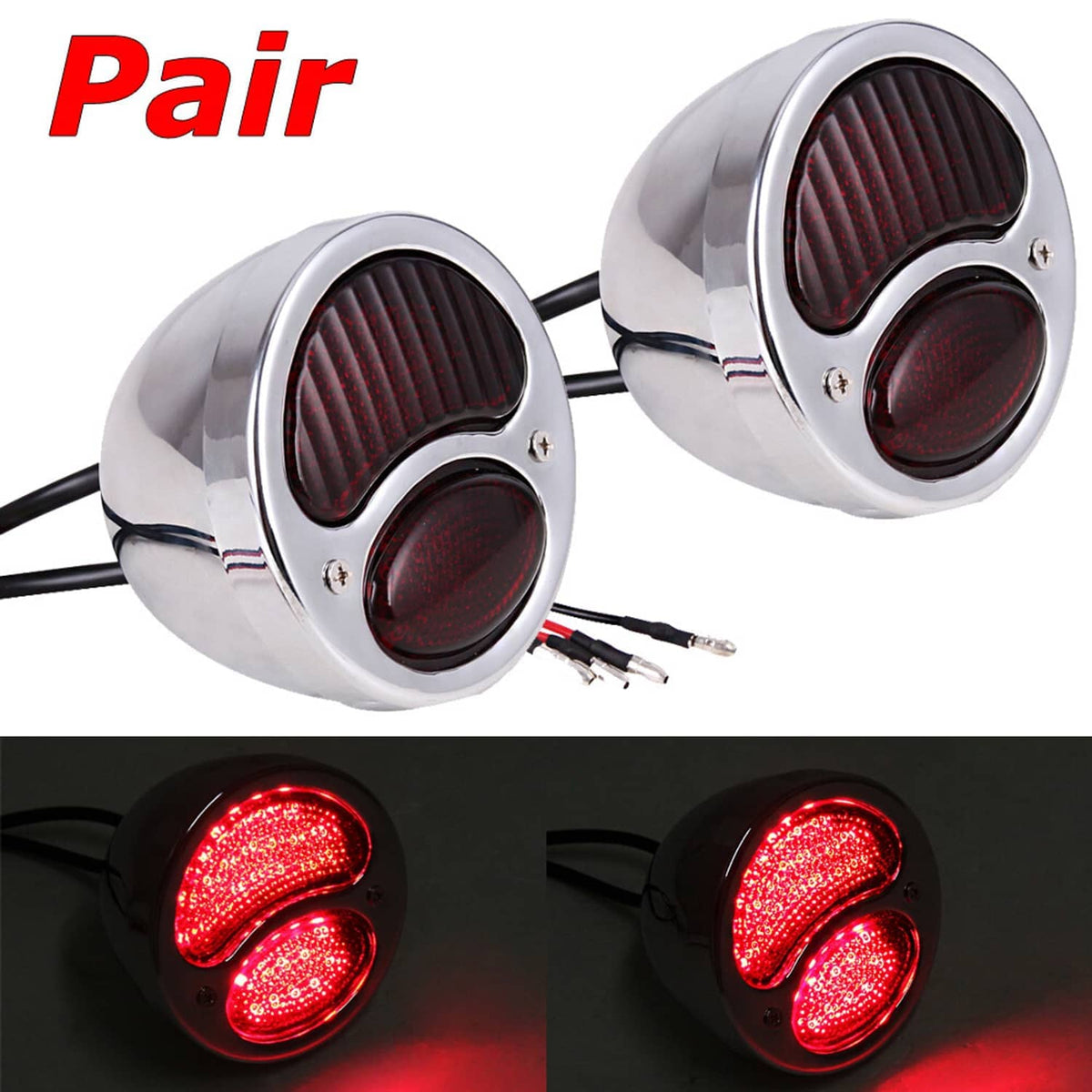 Chrome LED tail lights, round housings with dual red lens and black wiring (pair)