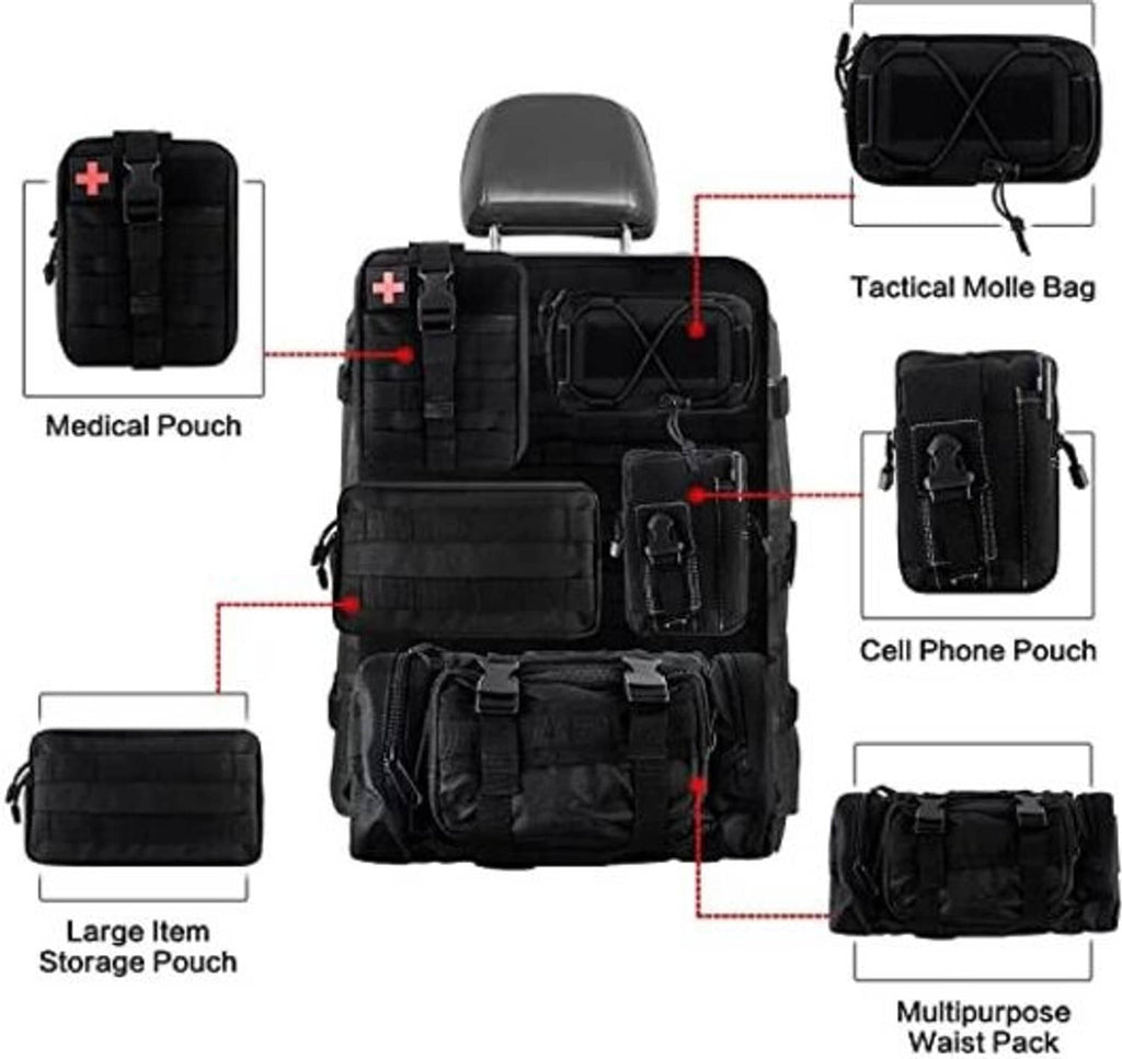 Black tactical MOLLE organizer bag with medical, phone, and large item pouches