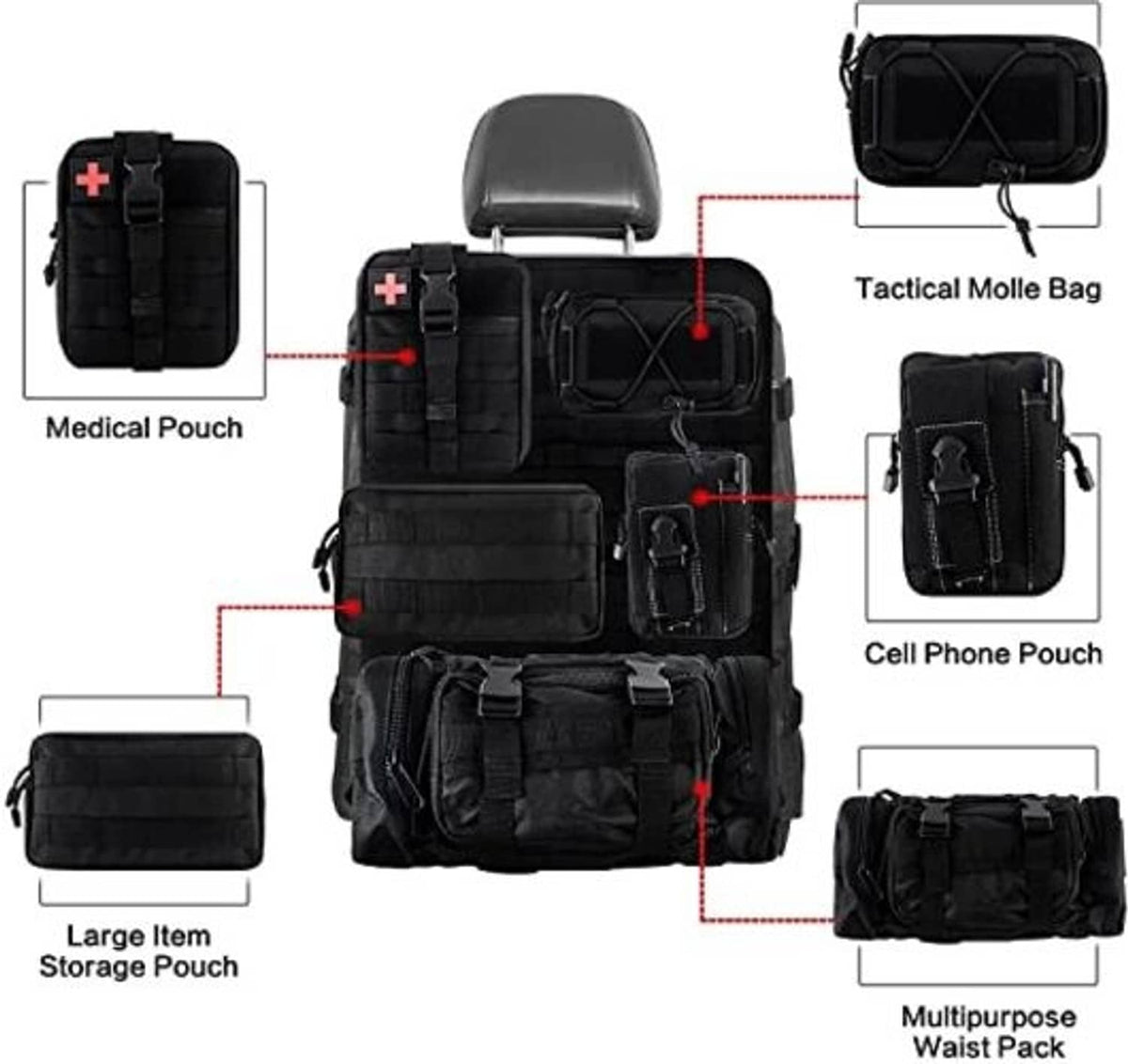 Black tactical MOLLE organizer bag with medical, phone, and large item pouches