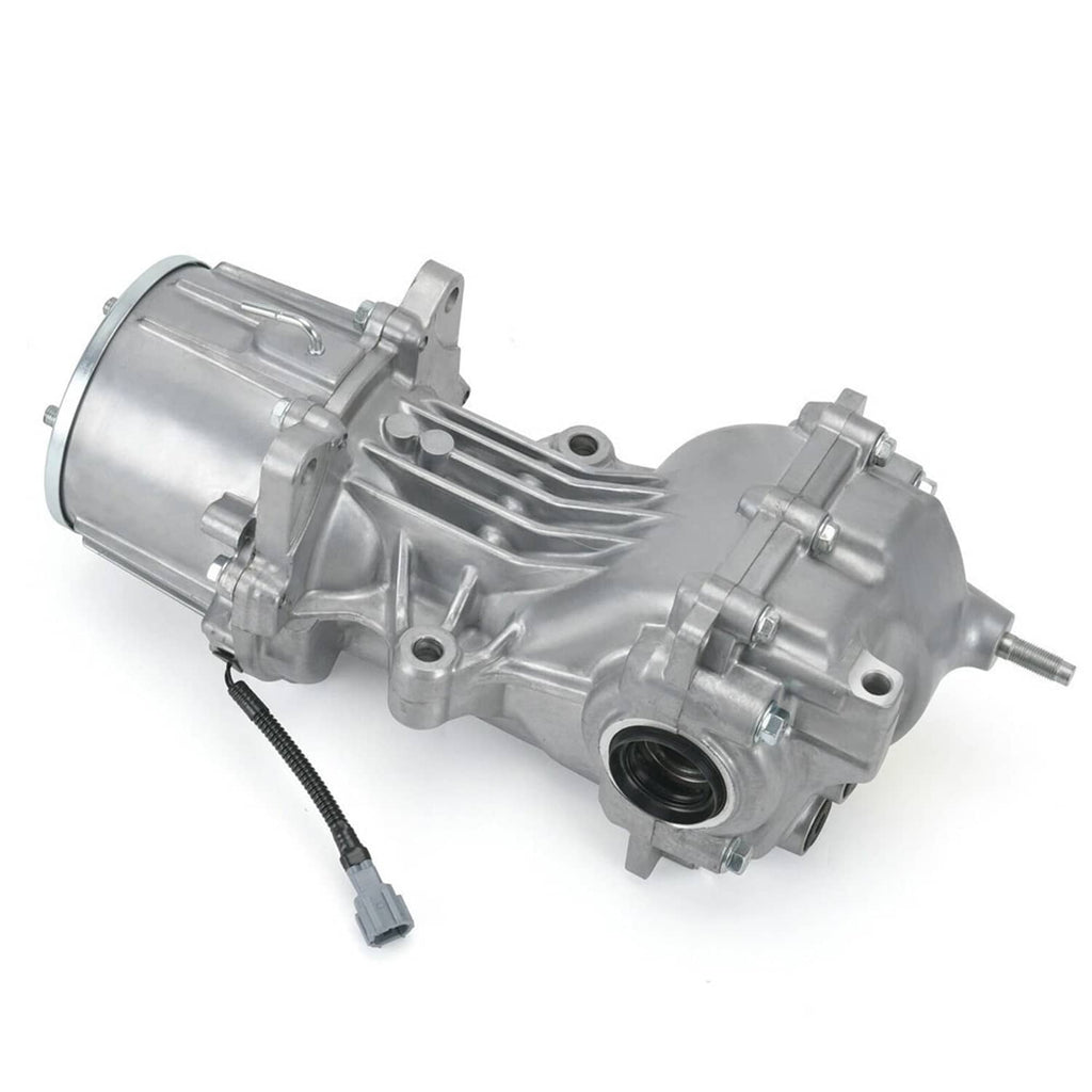 Rear differential carrier assembly, silver metal housing with side ports and black wiring connector