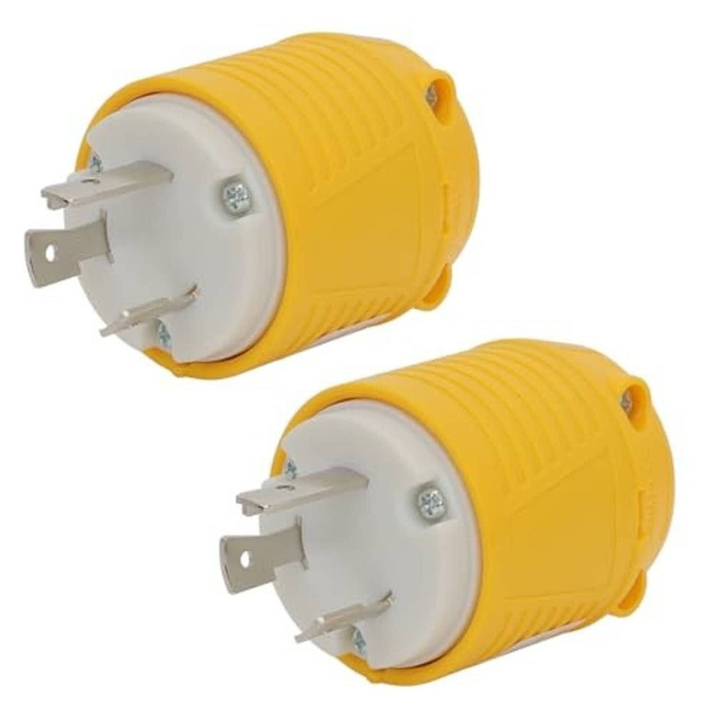 L6-30P locking power plug, yellow housing, white face with three prongs on angled view