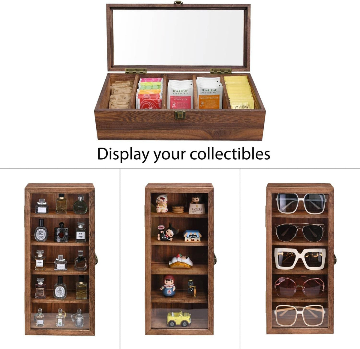 Wall mounted wooden display case with open top and display text for collectibles