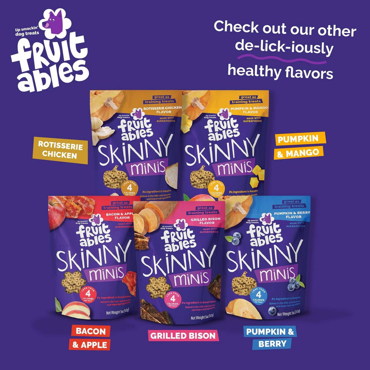 Fruitables Skinny minis product lineup graphic showing multiple bag flavors
