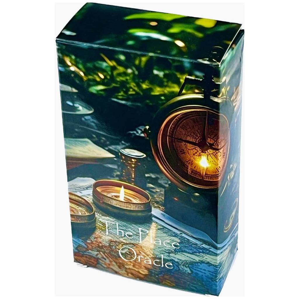 Foil-printed oracle deck box with green-blue artwork and candle imagery