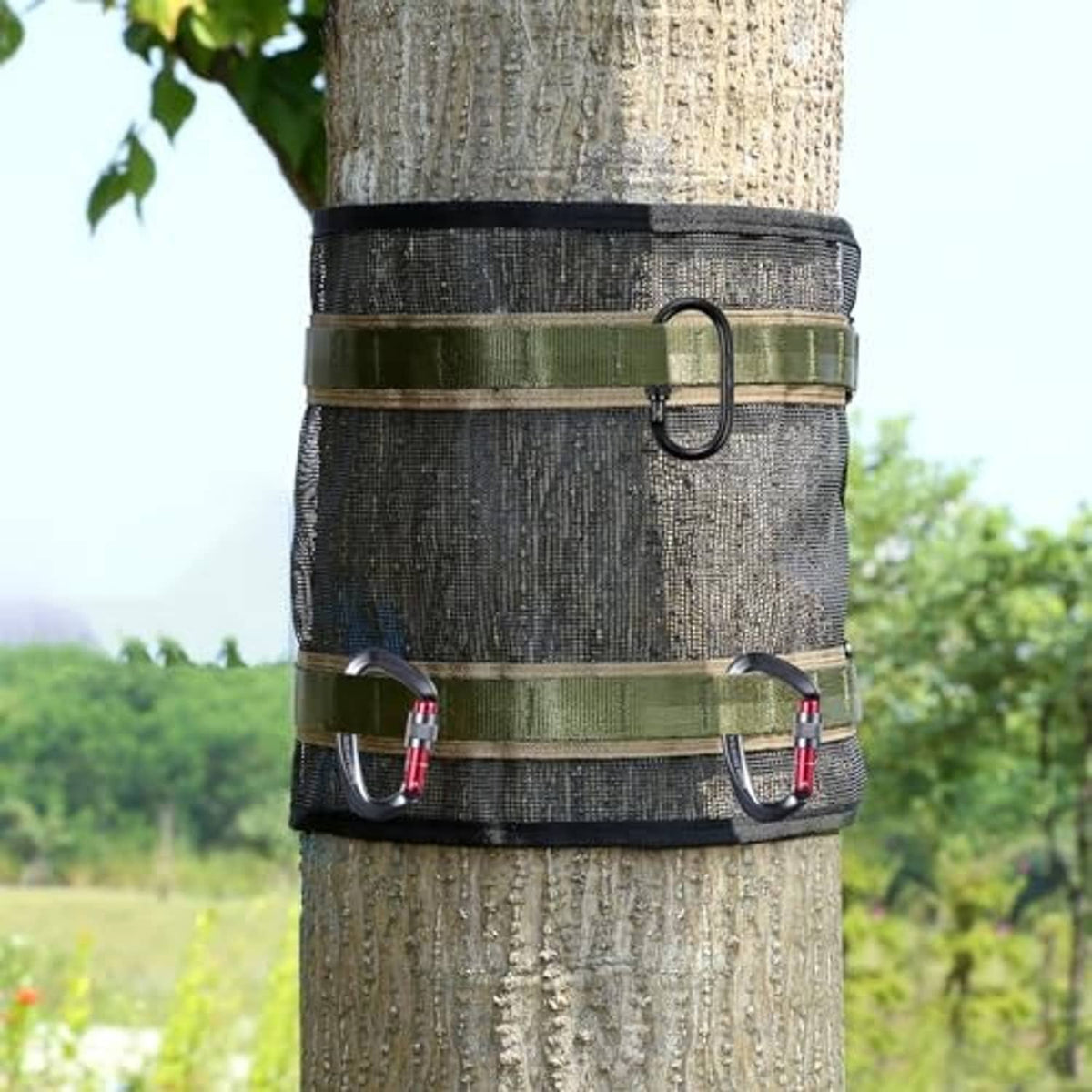 Black and olive strap wrap with two carabiner clips securing on a tree trunk