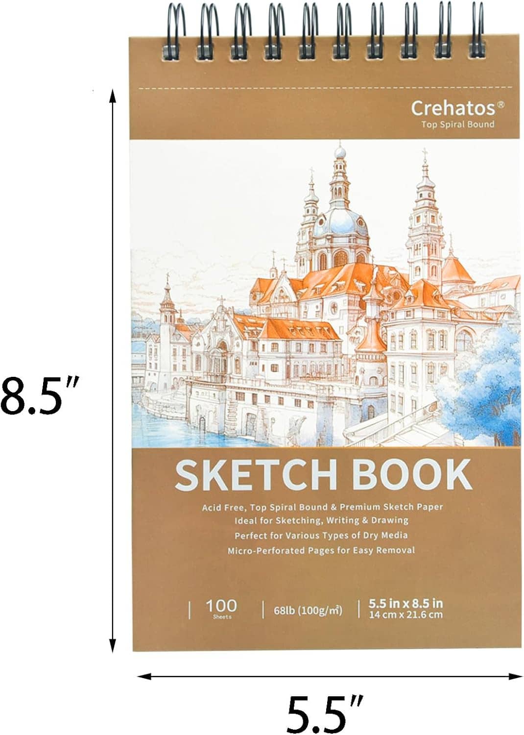 Brown spiral-bound sketch book with illustrated city scene on the front cover and size markings.