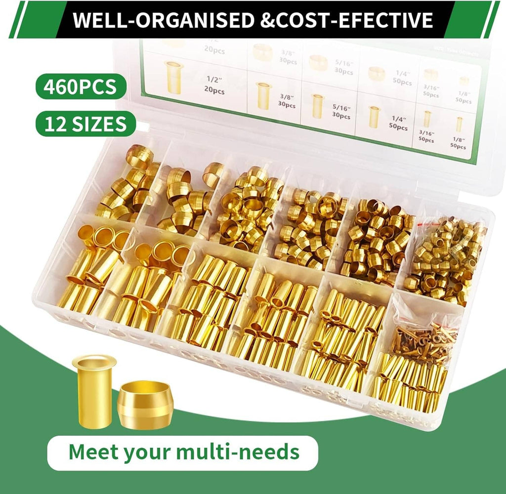 Brass compression sleeves and ferrules assortment set, 460 pieces in compartment tray