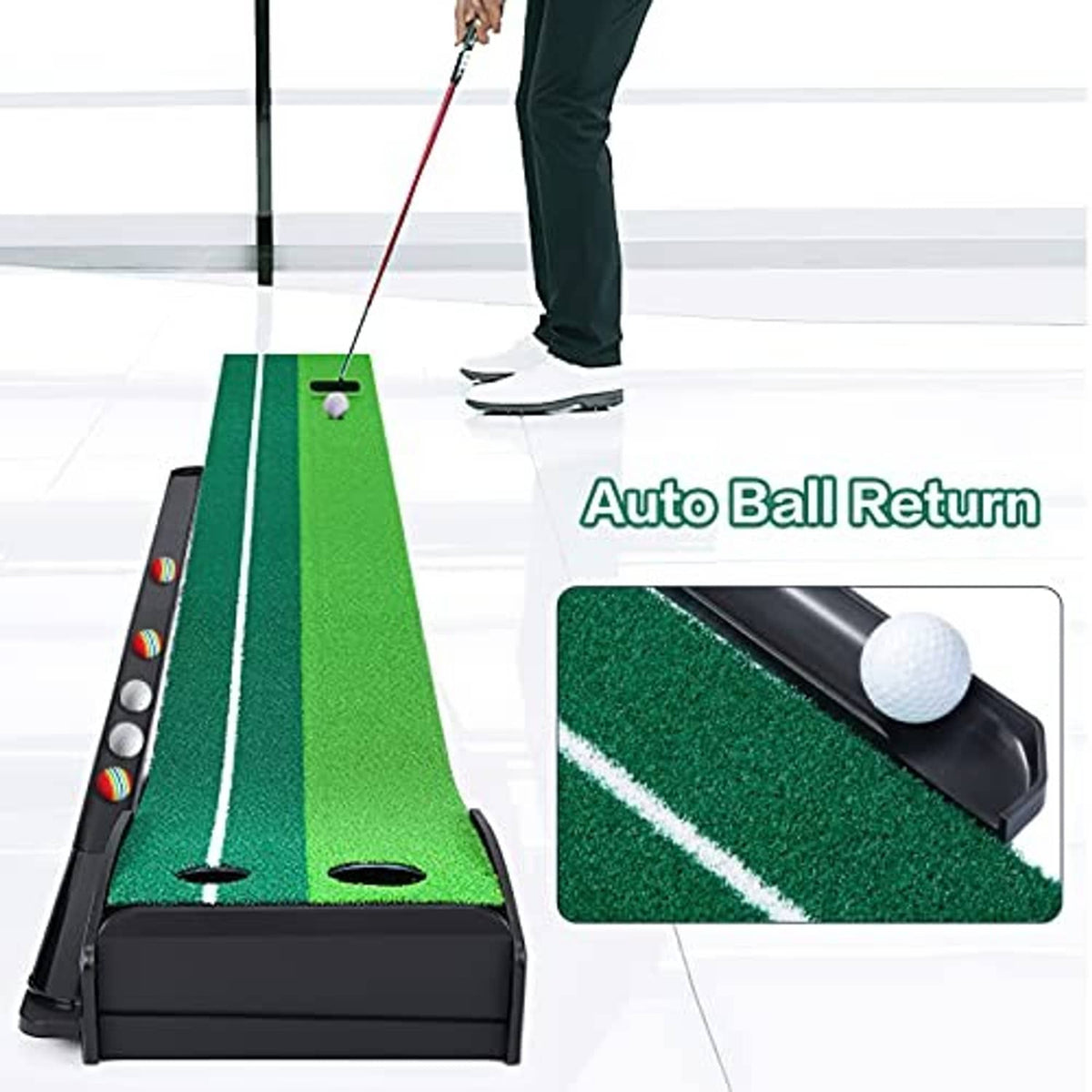Golf putting mat with green turf, black auto ball return channel, and white practice ball