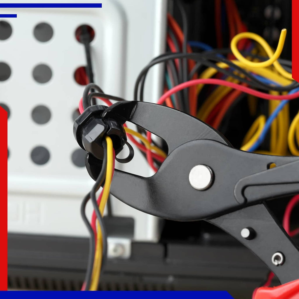 Strain relief bushing pliers close-up: black head, red grips, metal pivot and fastener