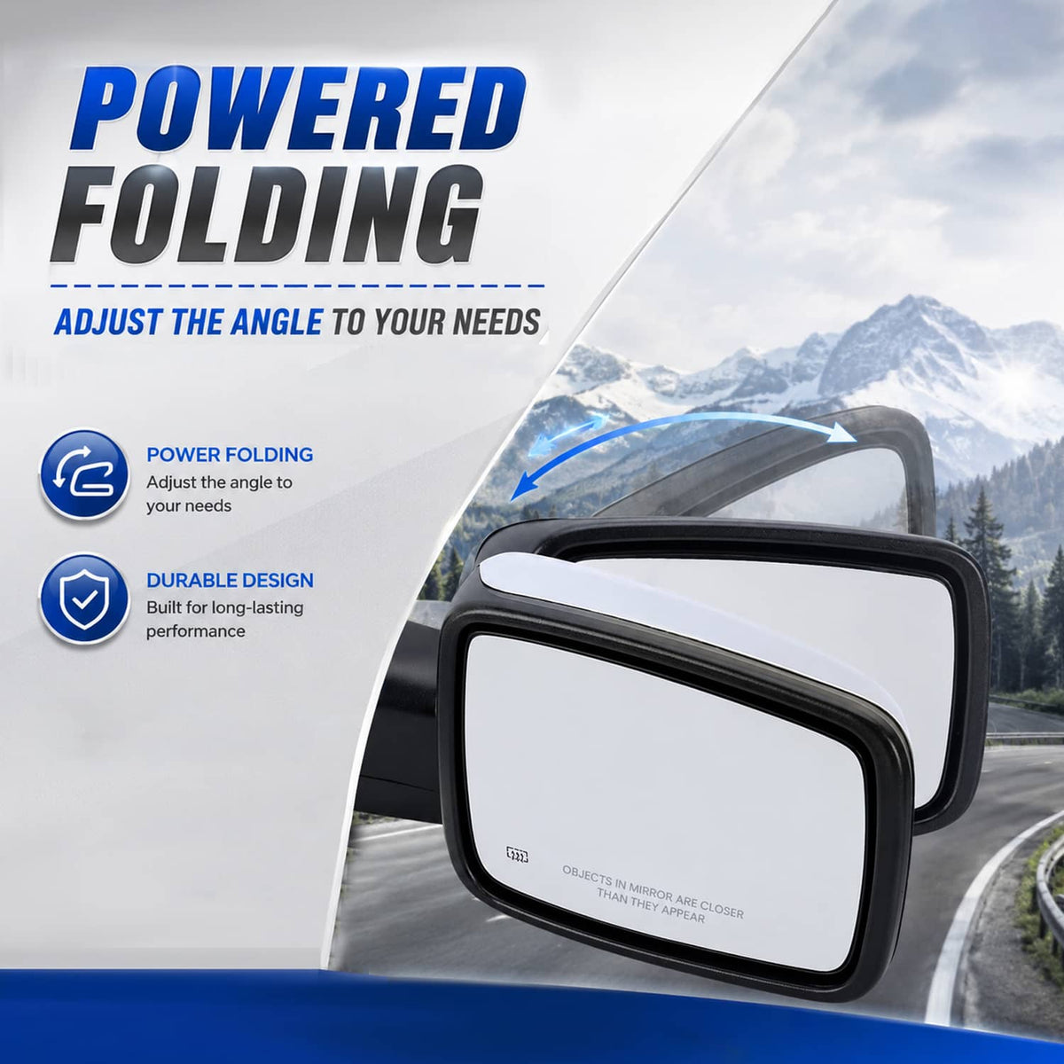 Power folding side mirror with clear glass, shown angled for adjustment