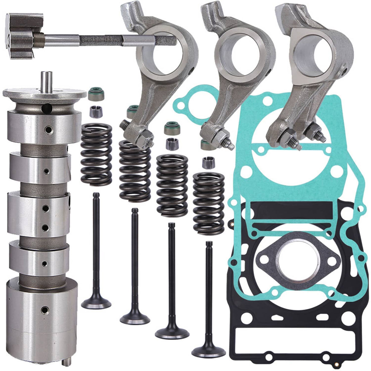 Engine camshaft rocker arm gasket kit featuring blue gaskets, springs, and camshaft assembly