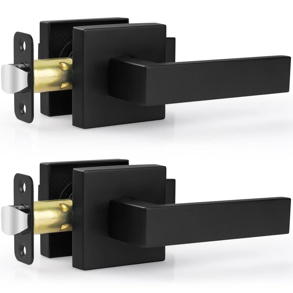 Matte black passage door lever set with rectangular backplates and square latch box, 2-pack
