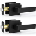 Matte black passage door lever set with rectangular backplates and square latch box, 2-pack