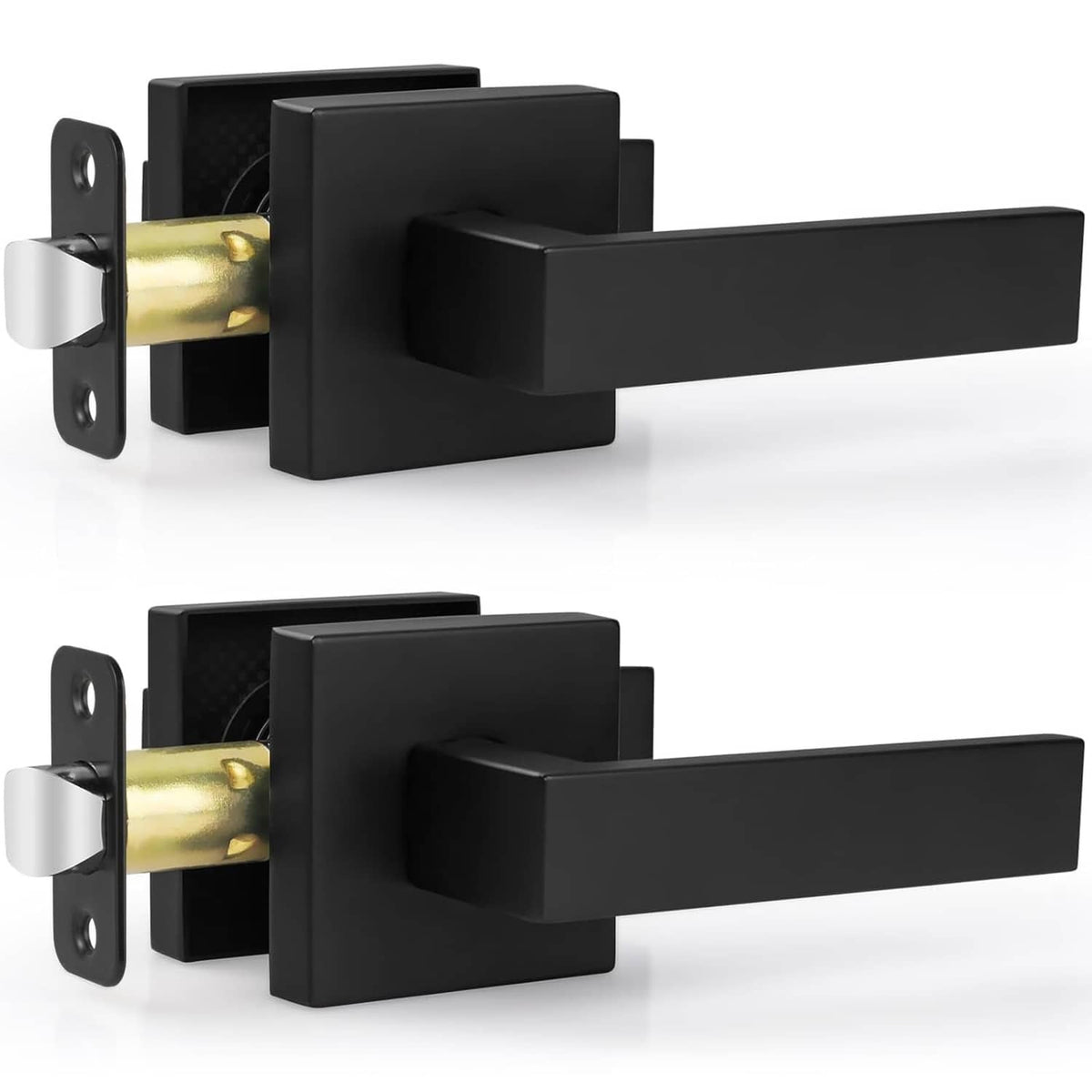 Matte black passage door lever set with rectangular backplates and square latch box, 2-pack