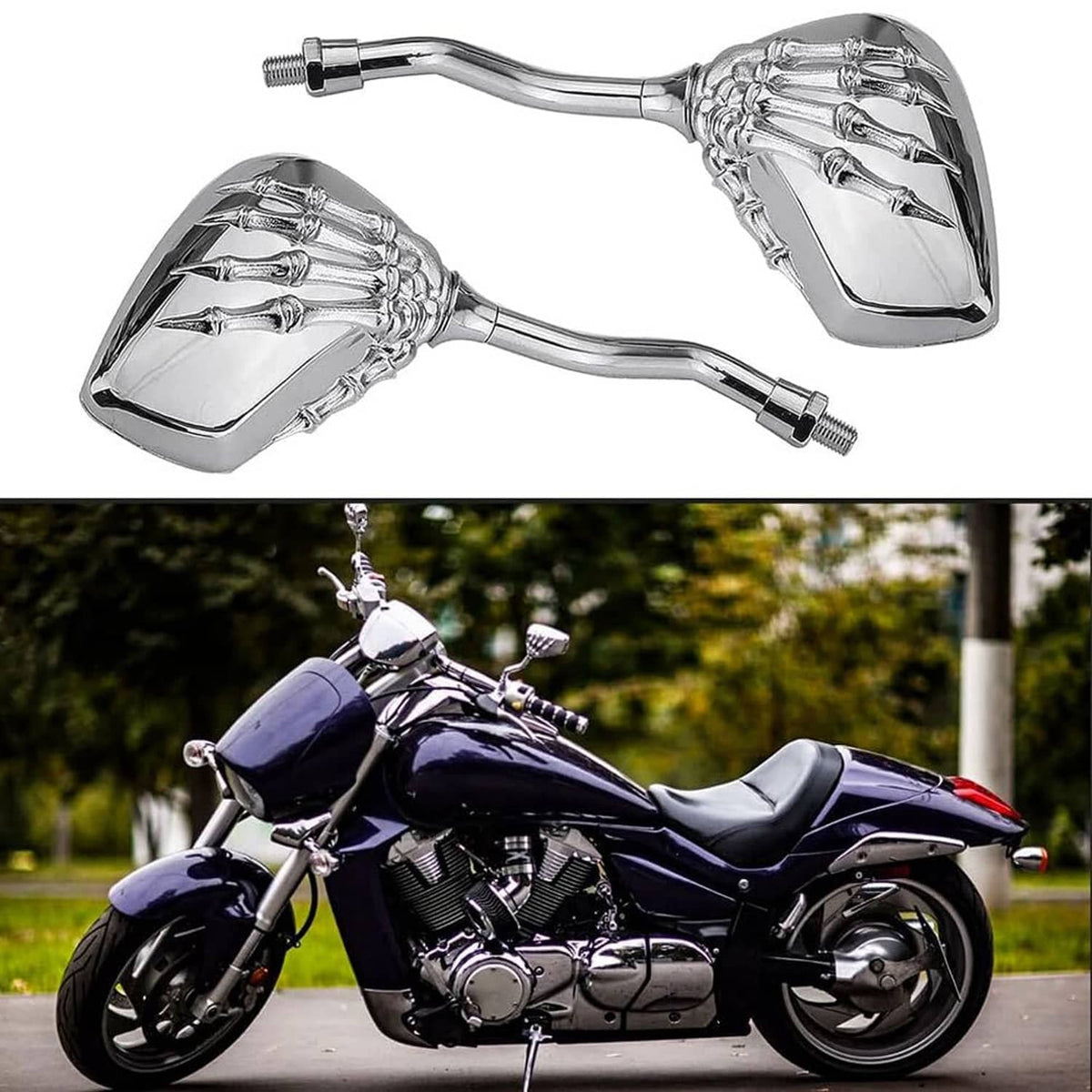 Chrome motorcycle rearview mirrors, skull skeleton hand design, angled pair