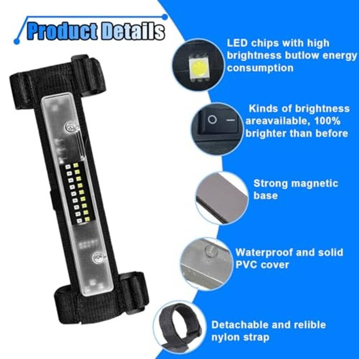 Universal LED light bar with clear cover, built-in LED row, and black nylon straps