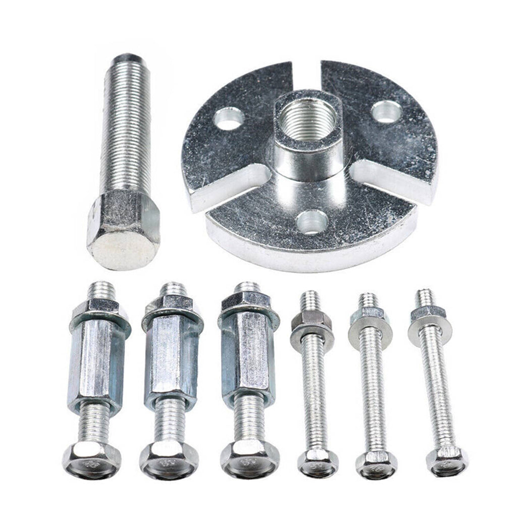 Flywheel puller plate with threaded center nut and multiple puller bolts