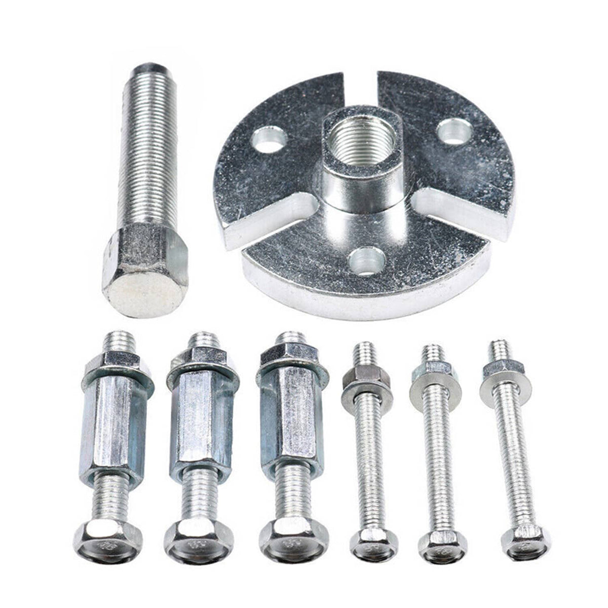 Flywheel puller plate with threaded center nut and multiple puller bolts