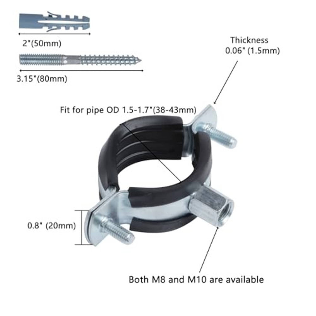 Split ring pipe hanger for 1.5–1.7 in pipe OD; black ring with galvanized clamp.