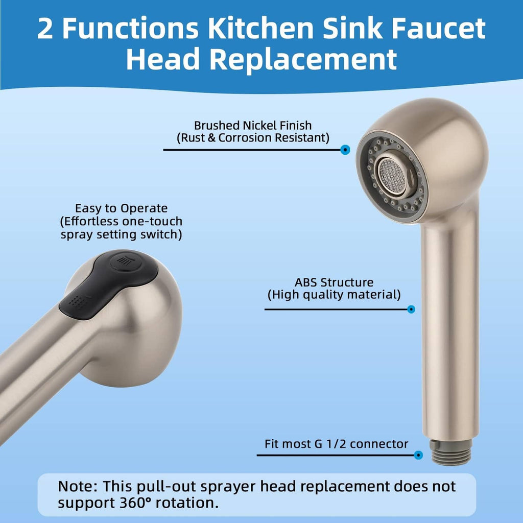 Pull-out sink sprayer head replacement in brushed nickel with spray switch on handle