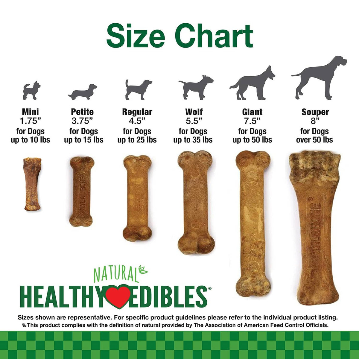 Dog chew size chart showing bone shapes for mini to super sizes