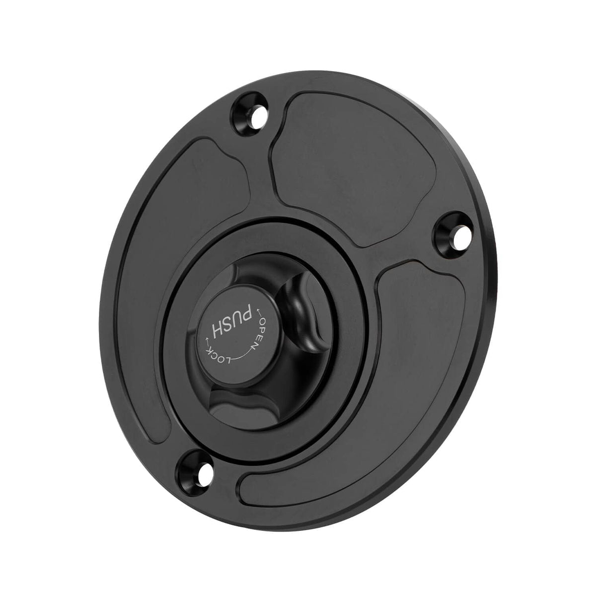 Black fuel tank cap with lock cylinder and brand markings on inner cover