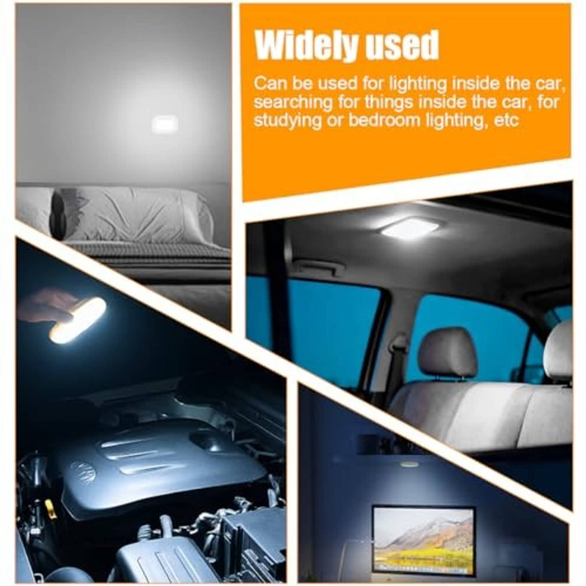 Gray LED car ceiling light illuminating interior ceiling near rear seats