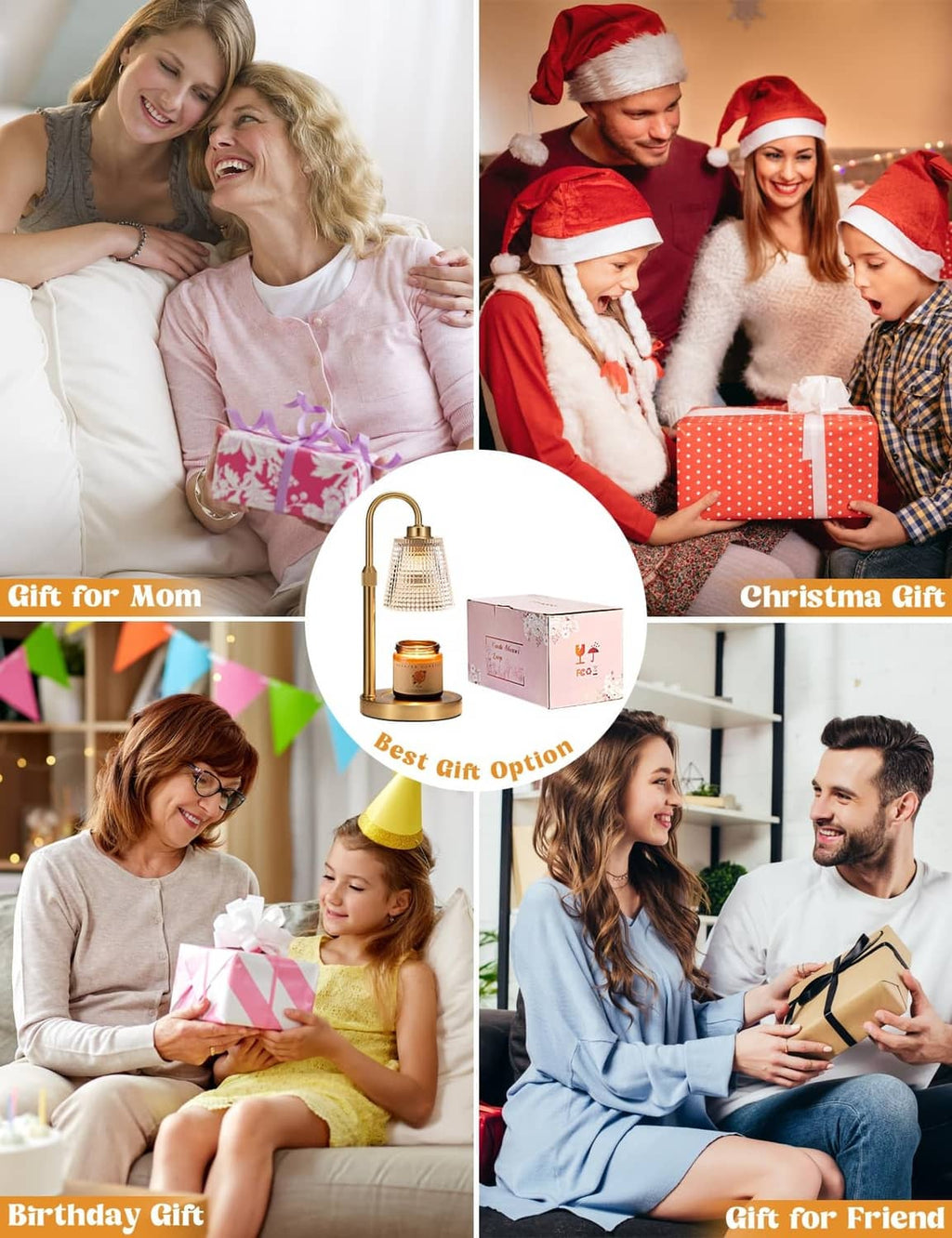 Gold candle warmer lamp gift set with lit jar candle and product box