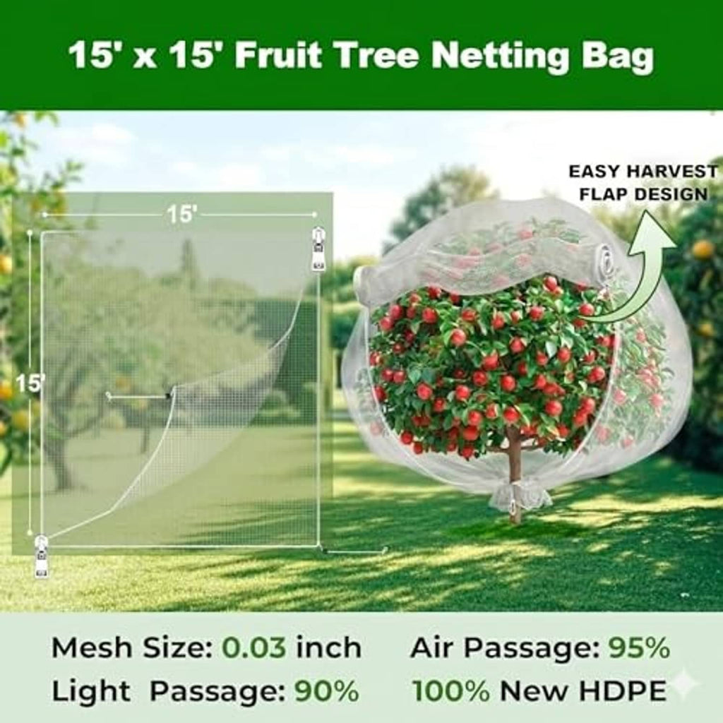 Clear fruit tree netting bag covering a tree with fruit, zipper front flap